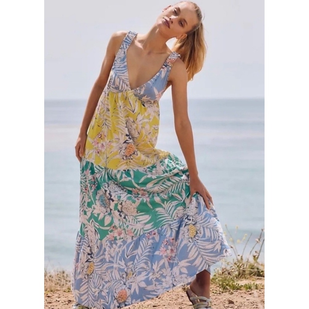 Maeve Anthropologie Tropical Floral Tiered Maxi Dress Blue Yellow Green Medium